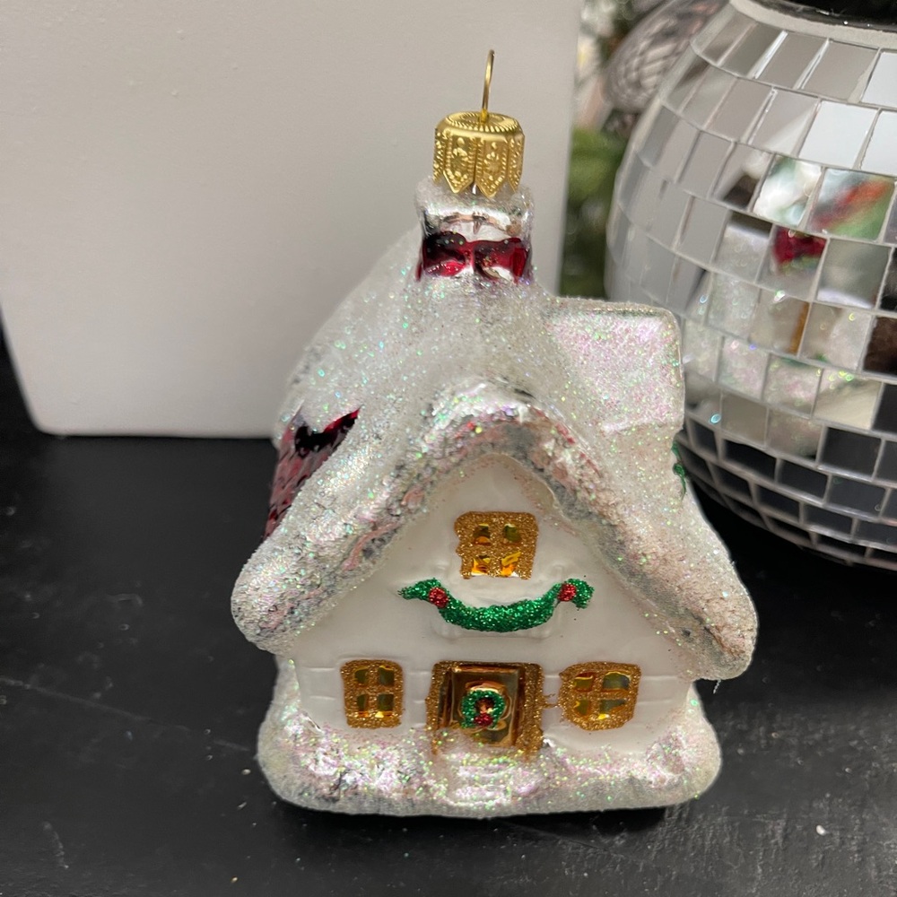 Starglass Ornament White Christmas House Glass Glitter Handblown Poland NWT